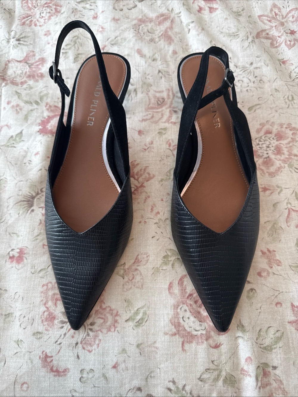 New Donald Pliner Leather Black Lizard Print Slingback Kitten Heel Size 9.5M